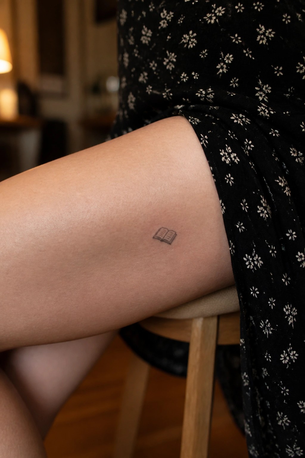 Small open book tattoo on thigh under black floral dress on wooden stool.