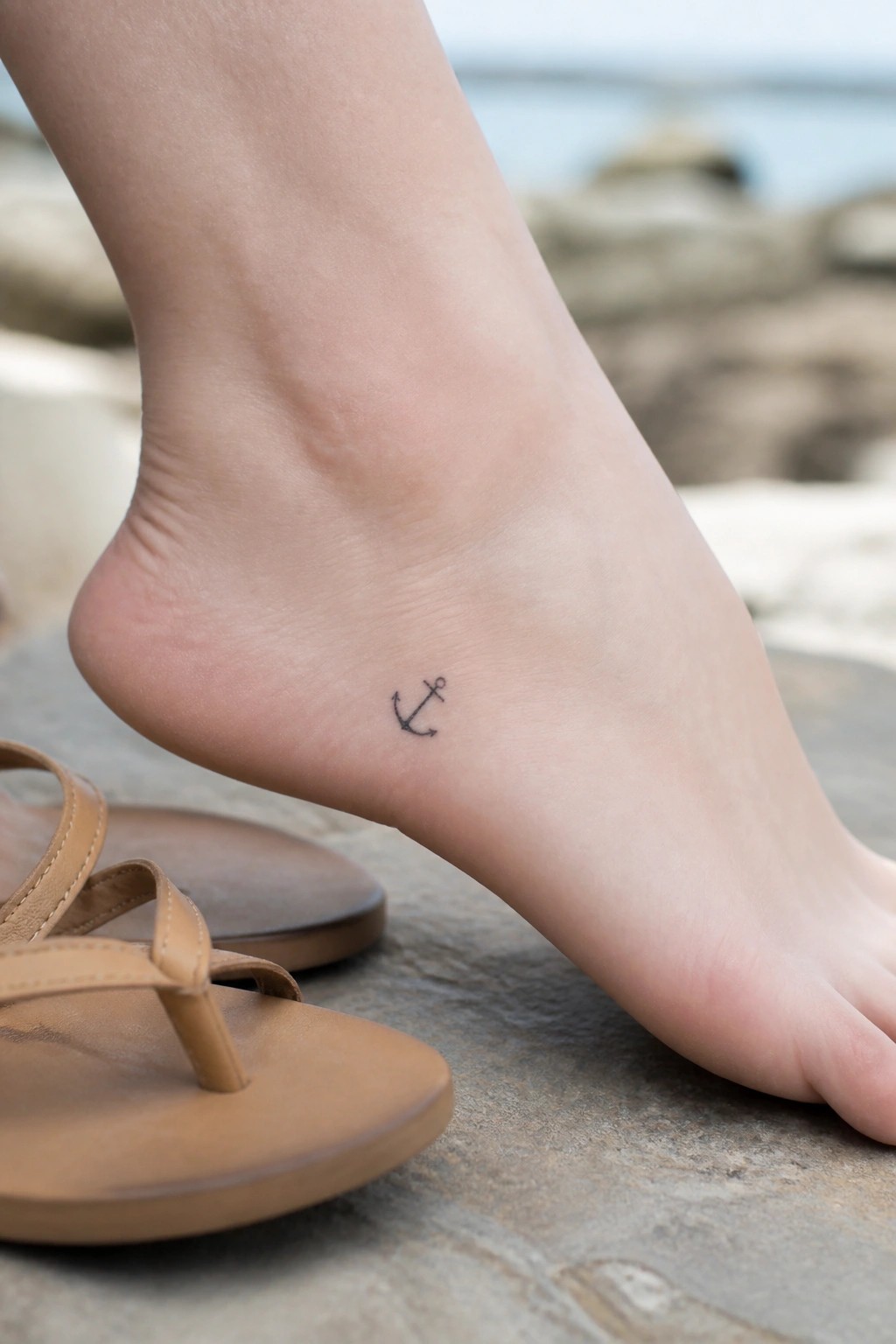 Bare foot with small black anchor tattoo beside brown sandal on rocks