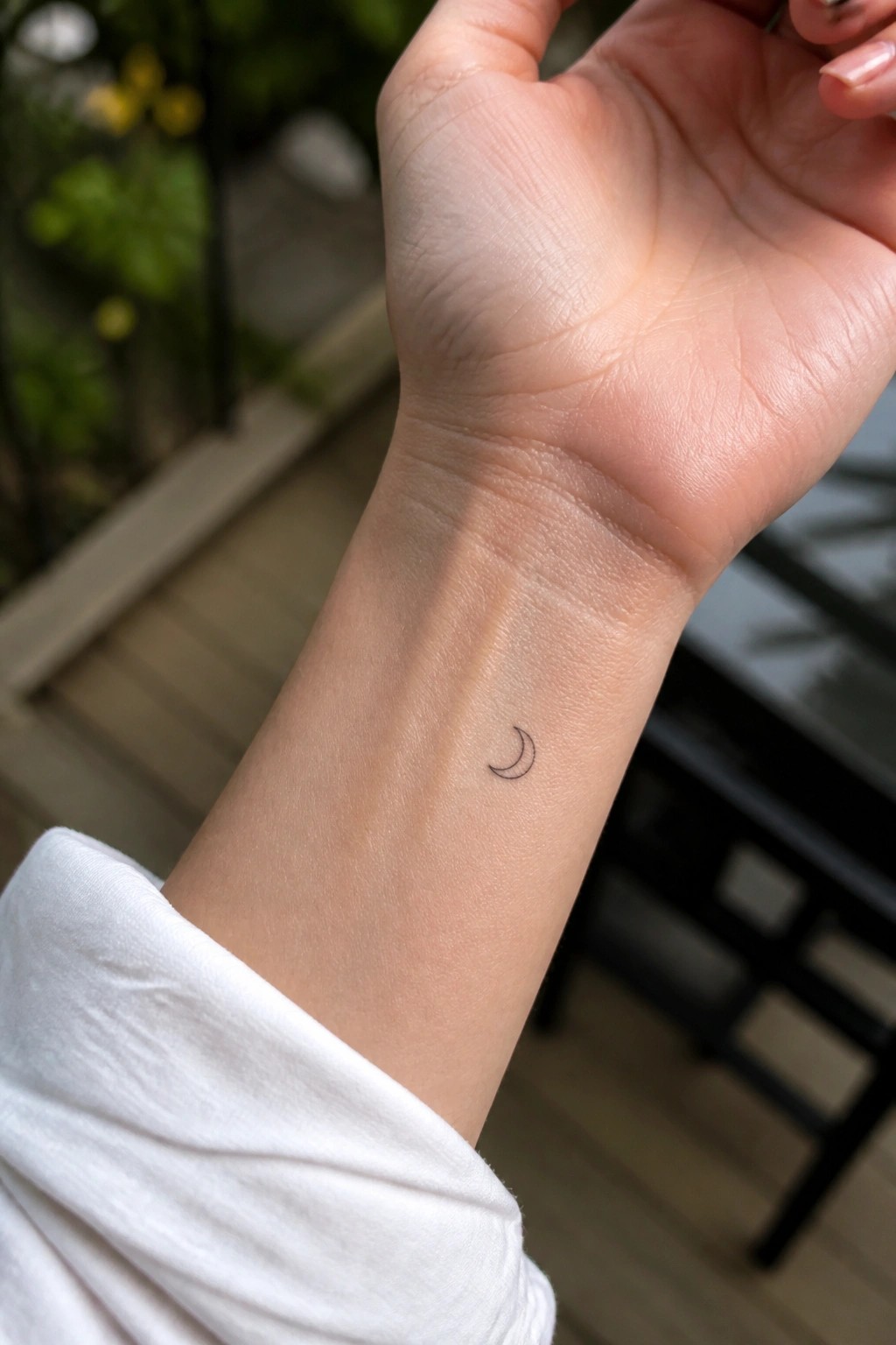 Wrist with small black crescent moon tattoo beside white shirt sleeve in soft light.