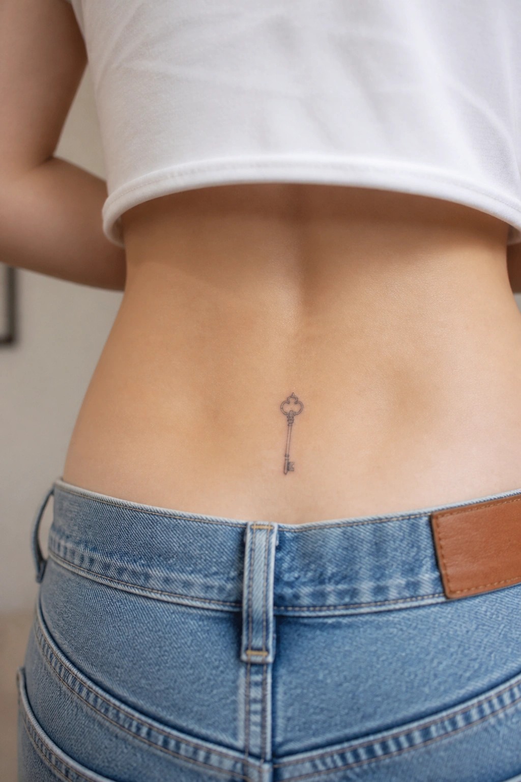 Small ornate key tattoo on lower back above blue jeans and white crop top