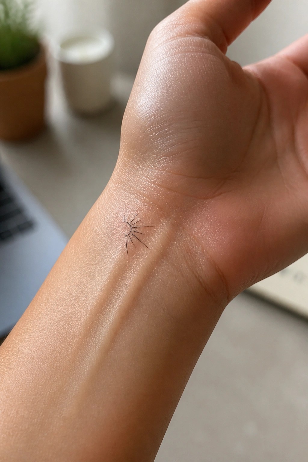 Small sun tattoo with black rays on light-skinned inner wrist.