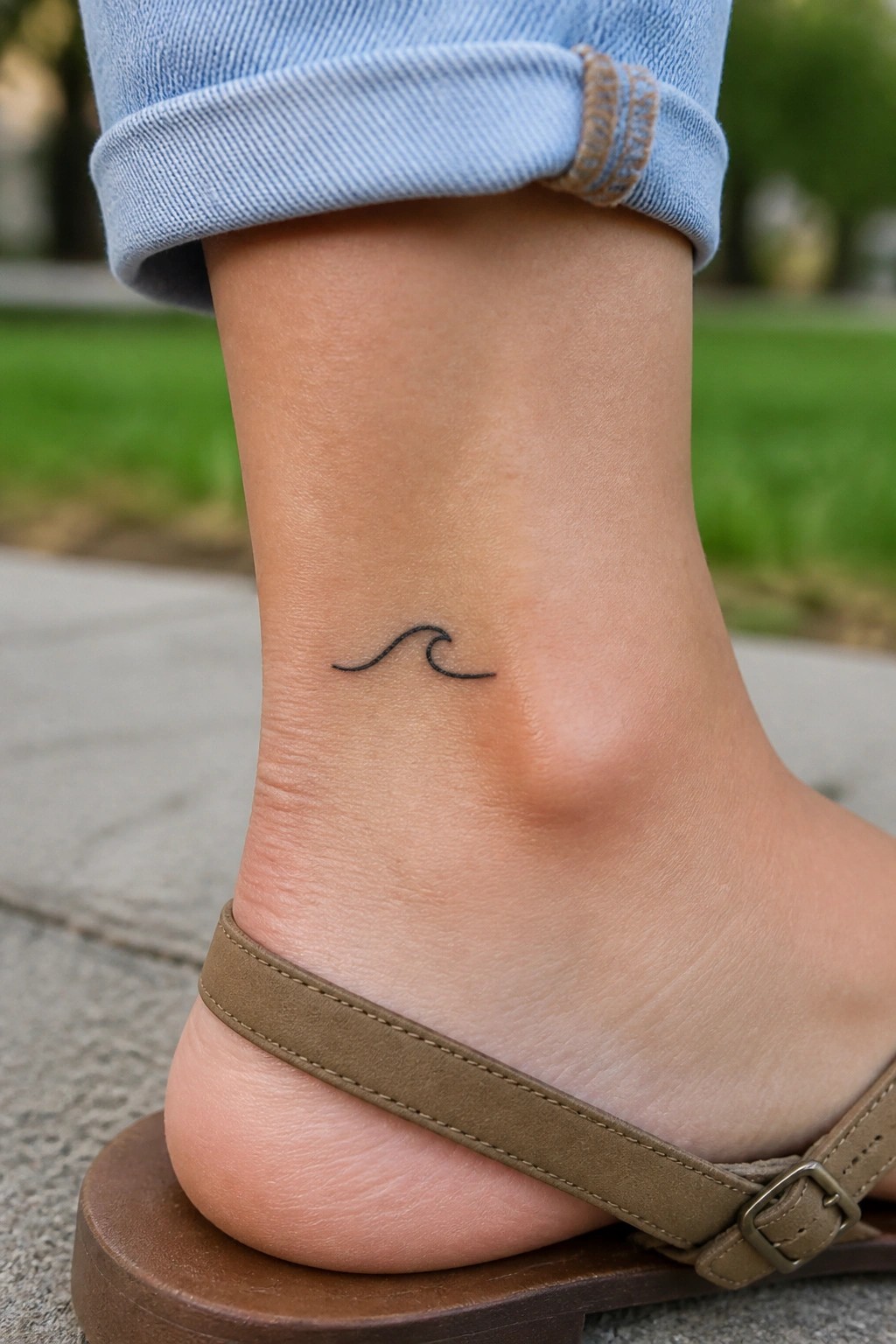 Small black wave tattoo on ankle with cuffed blue jeans and brown sandal