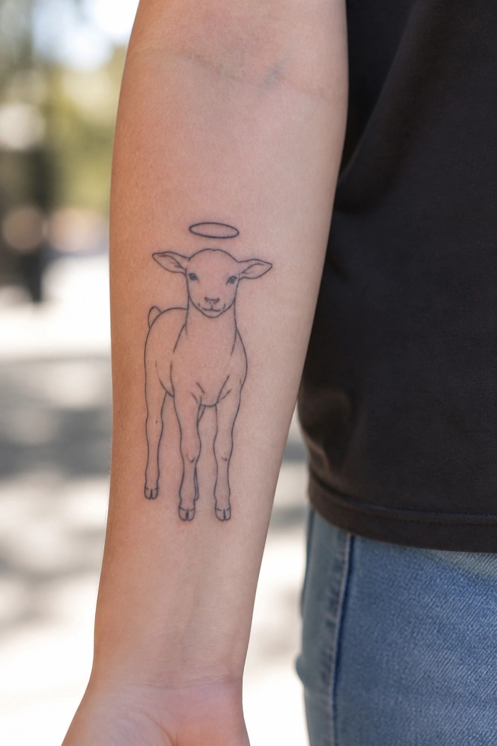 Black line tattoo of haloed lamb on forearm, black shirt and blue jeans visible.