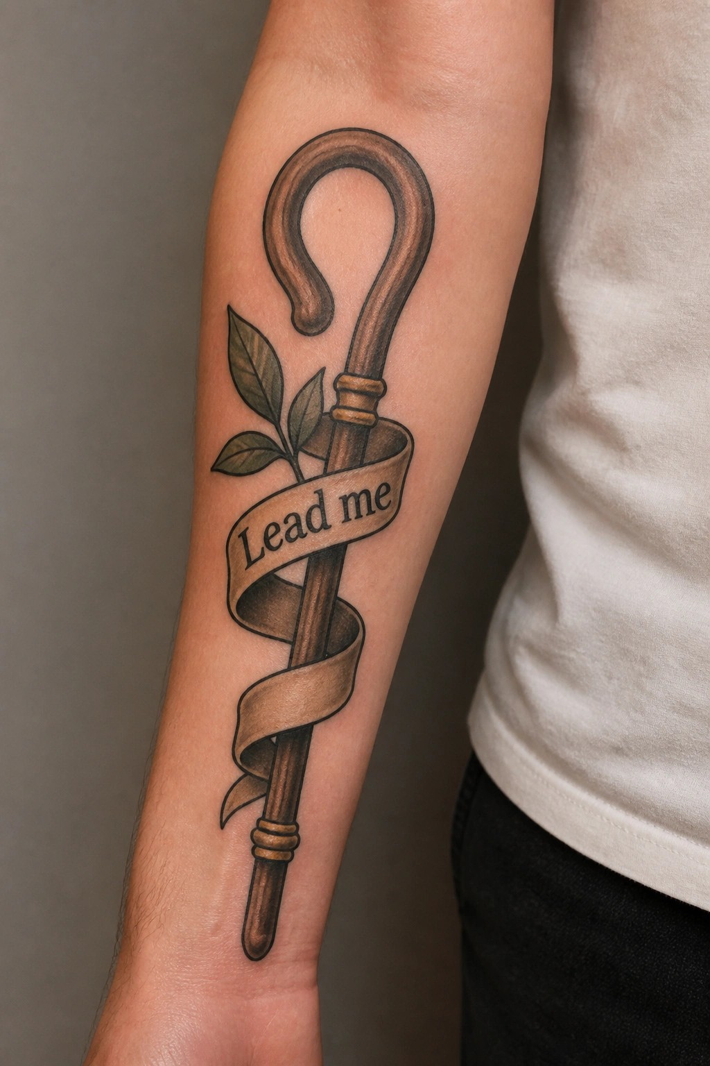 Realistic forearm tattoo of a wooden shepherd's staff with a banner reading