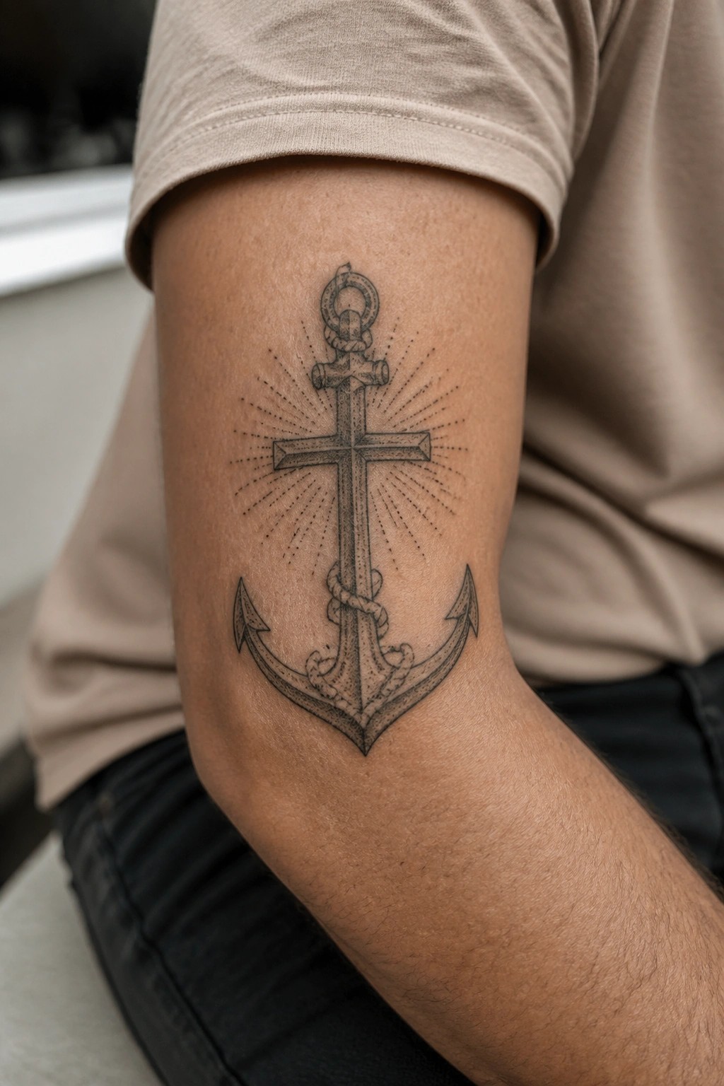 Anchor and cross tattoo with rope and sun rays on upper arm in beige shirt