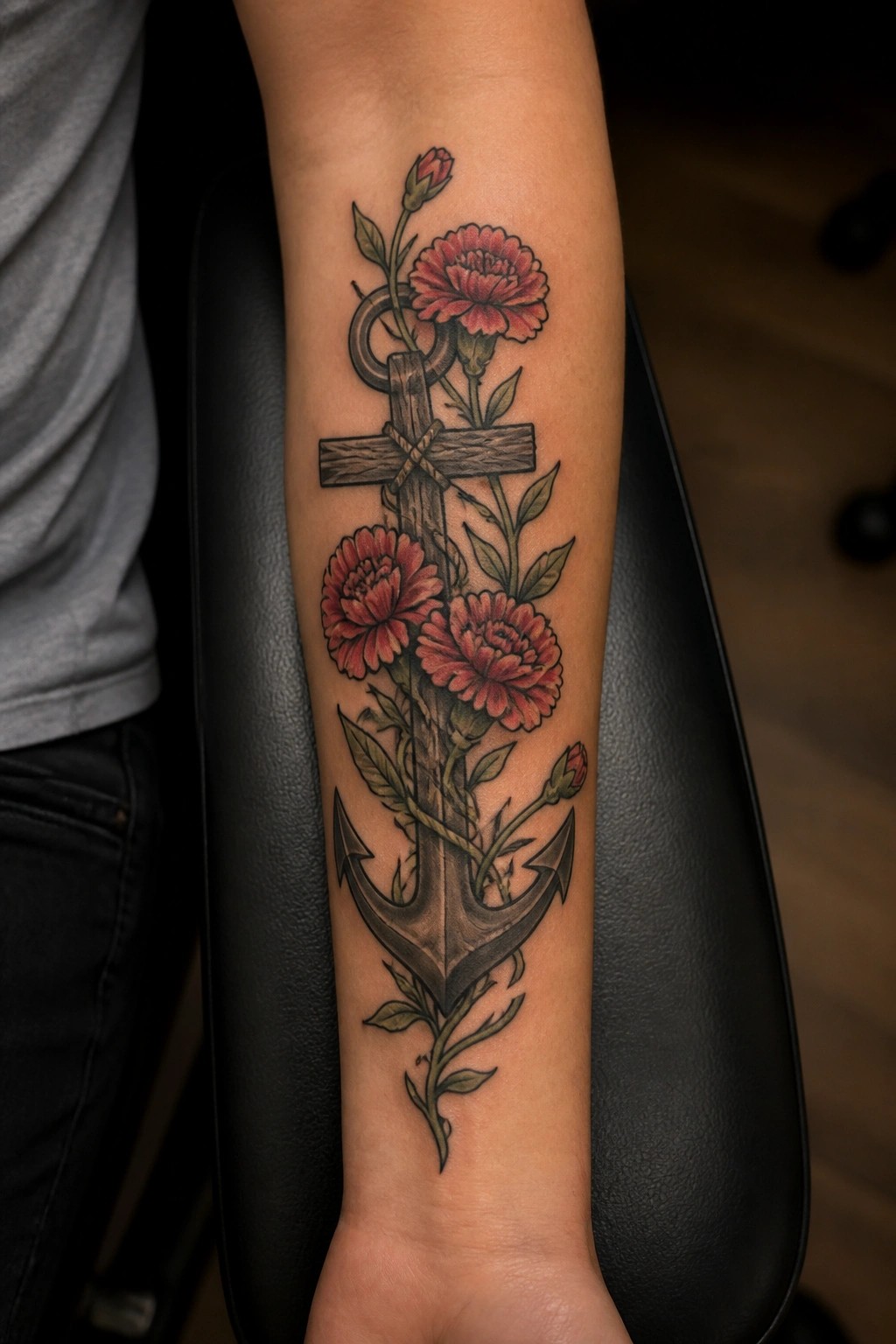 Anchor and cross tattoo with red flowers on forearm