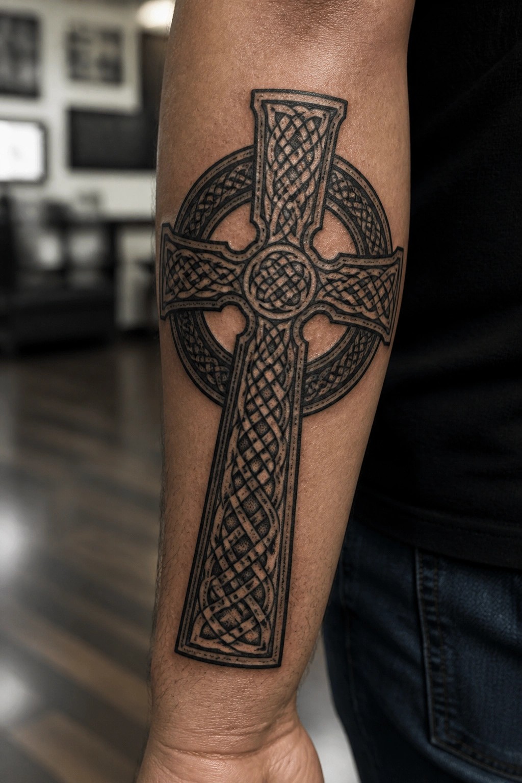 Celtic cross tattoo with intricate black knotwork on hairy forearm