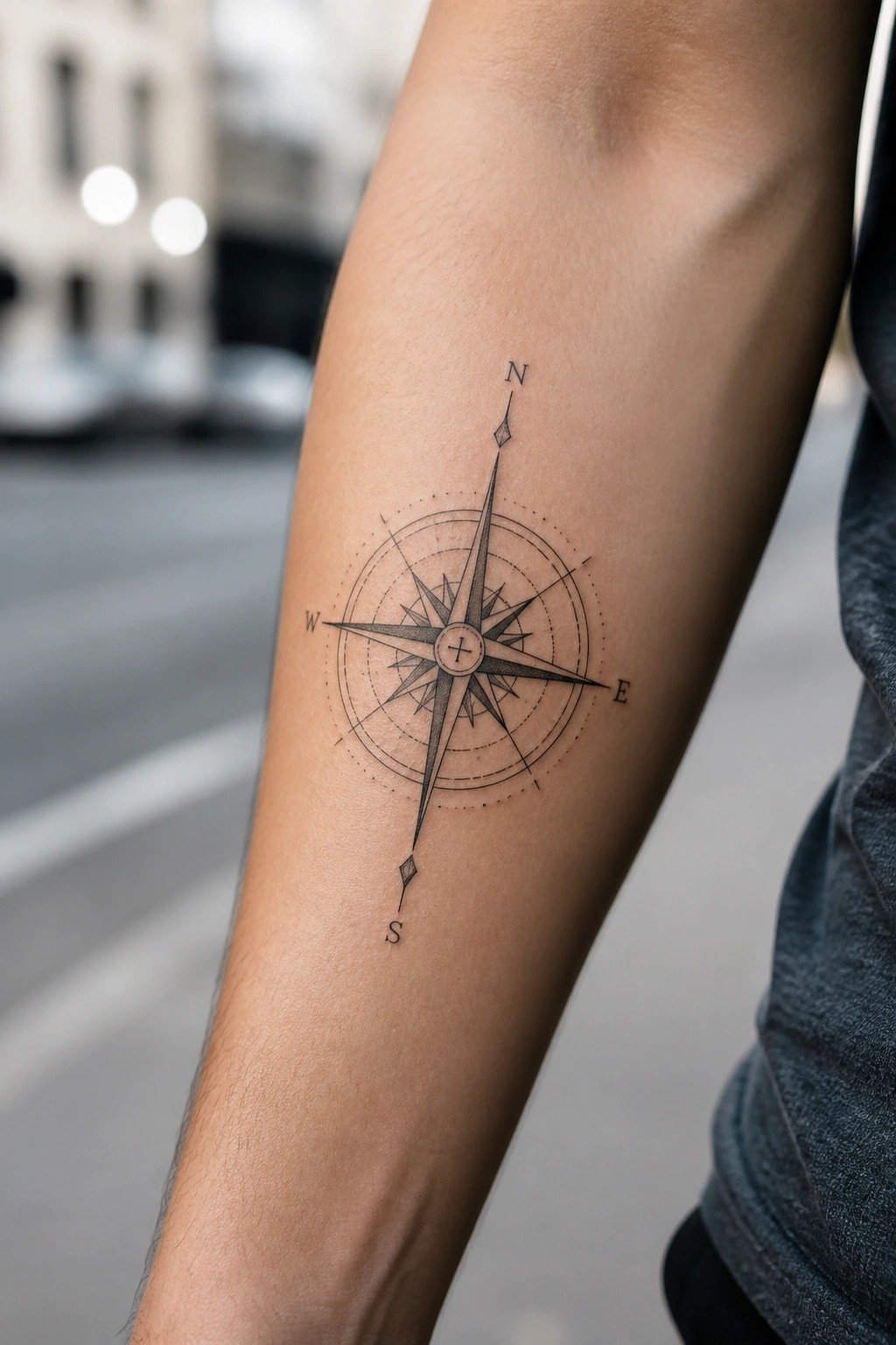 Black and grey compass rose tattoo with a cross at the center on a person's forearm