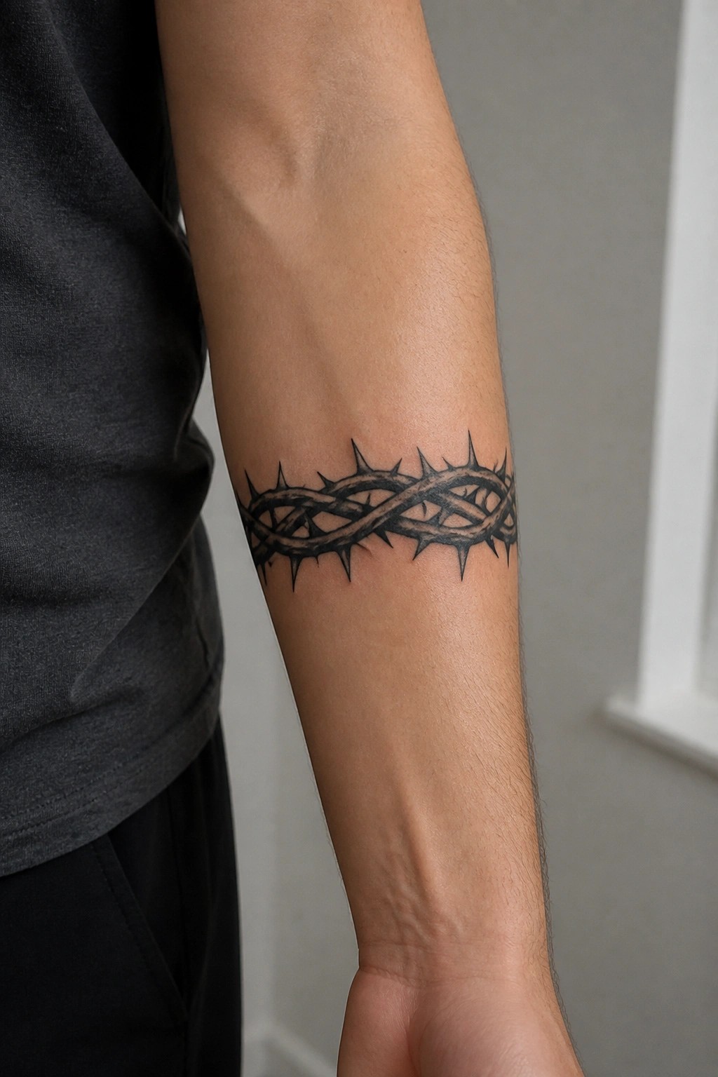Crown of thorns tattoo wrapped around forearm of person in dark shirt.