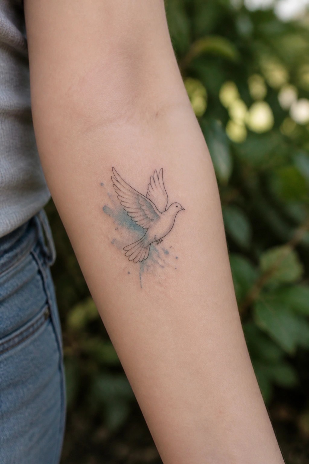 Flying dove tattoo with blue watercolor splashes on arm near gray sleeve