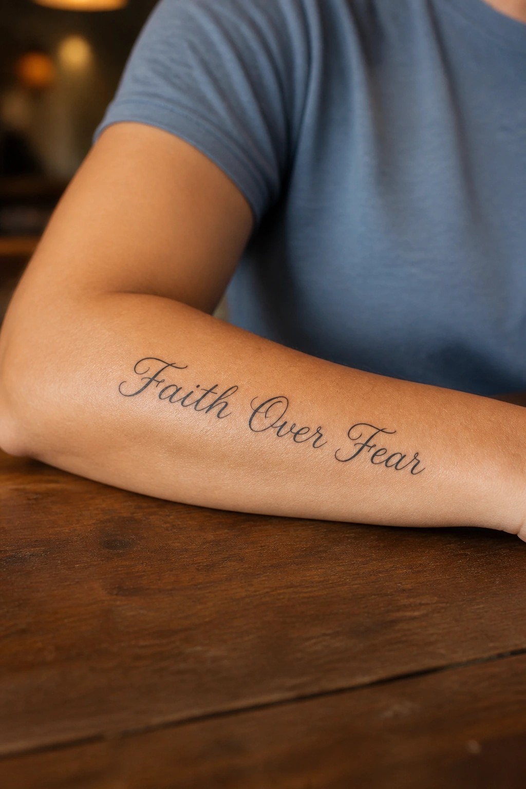 Close up of faith over fear in cursive script tattooed on the inner forearm resting on wood