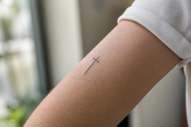 23 Meaningful Christian Forearm Tattoos for Visible Everyday Encouragement Small black cross tattoo on forearm below rolled white shirt sleeve
