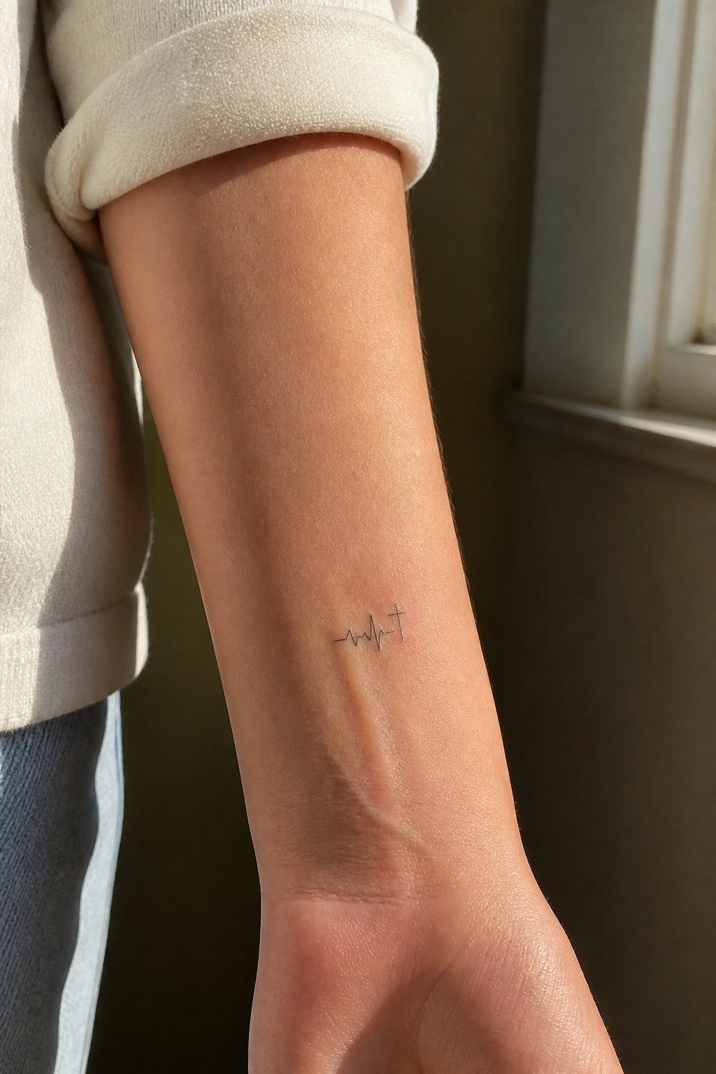 Small heartbeat line tattoo ending in a cross on the inner forearm