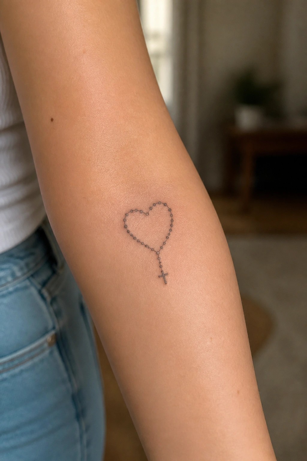 Small dotted rosary tattoo forming a heart with a cross on the inner forearm.