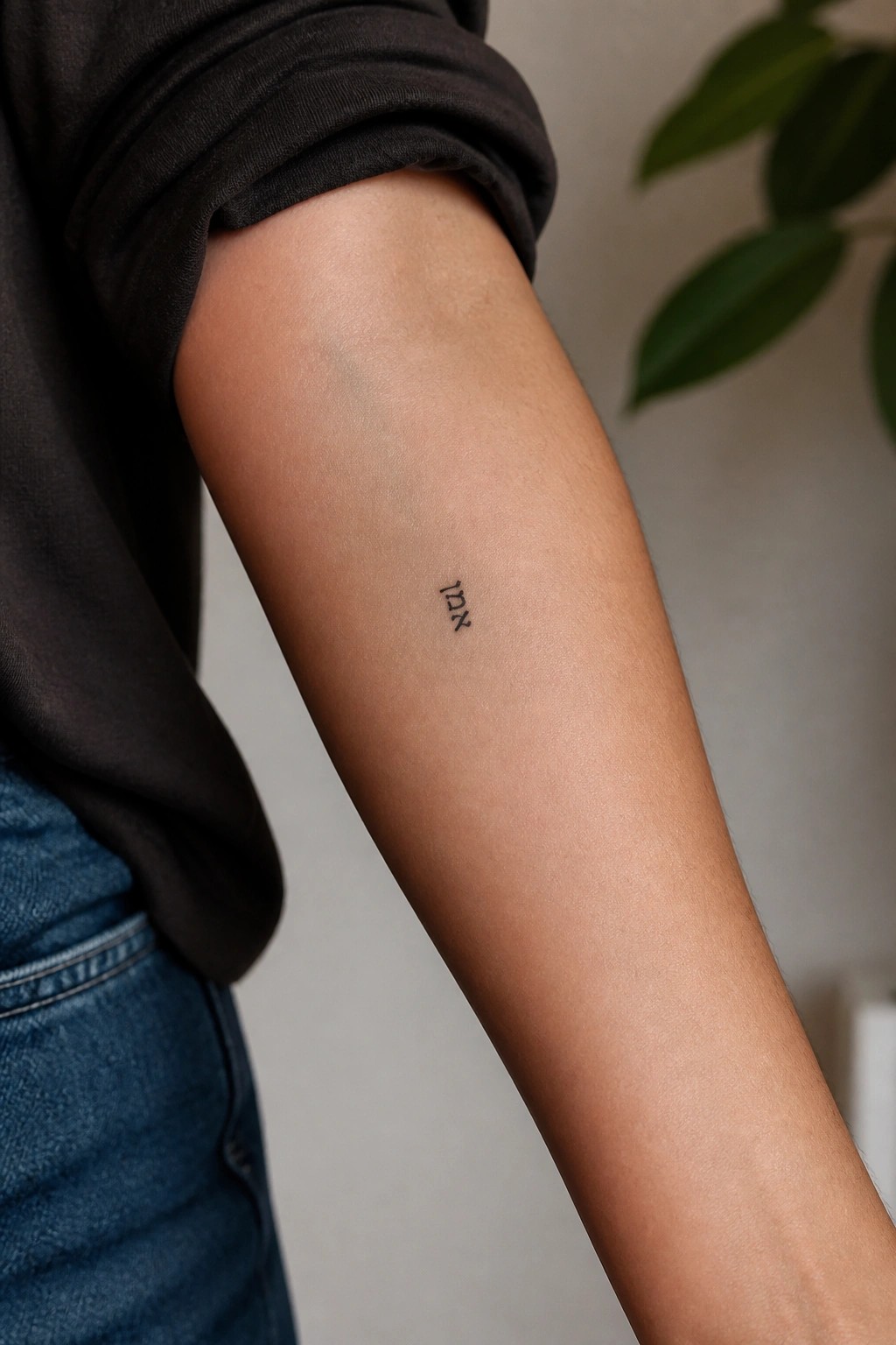 Arm with small black 1221 tattoo, black rolled sleeve, blue jeans, blurred green plant background.
