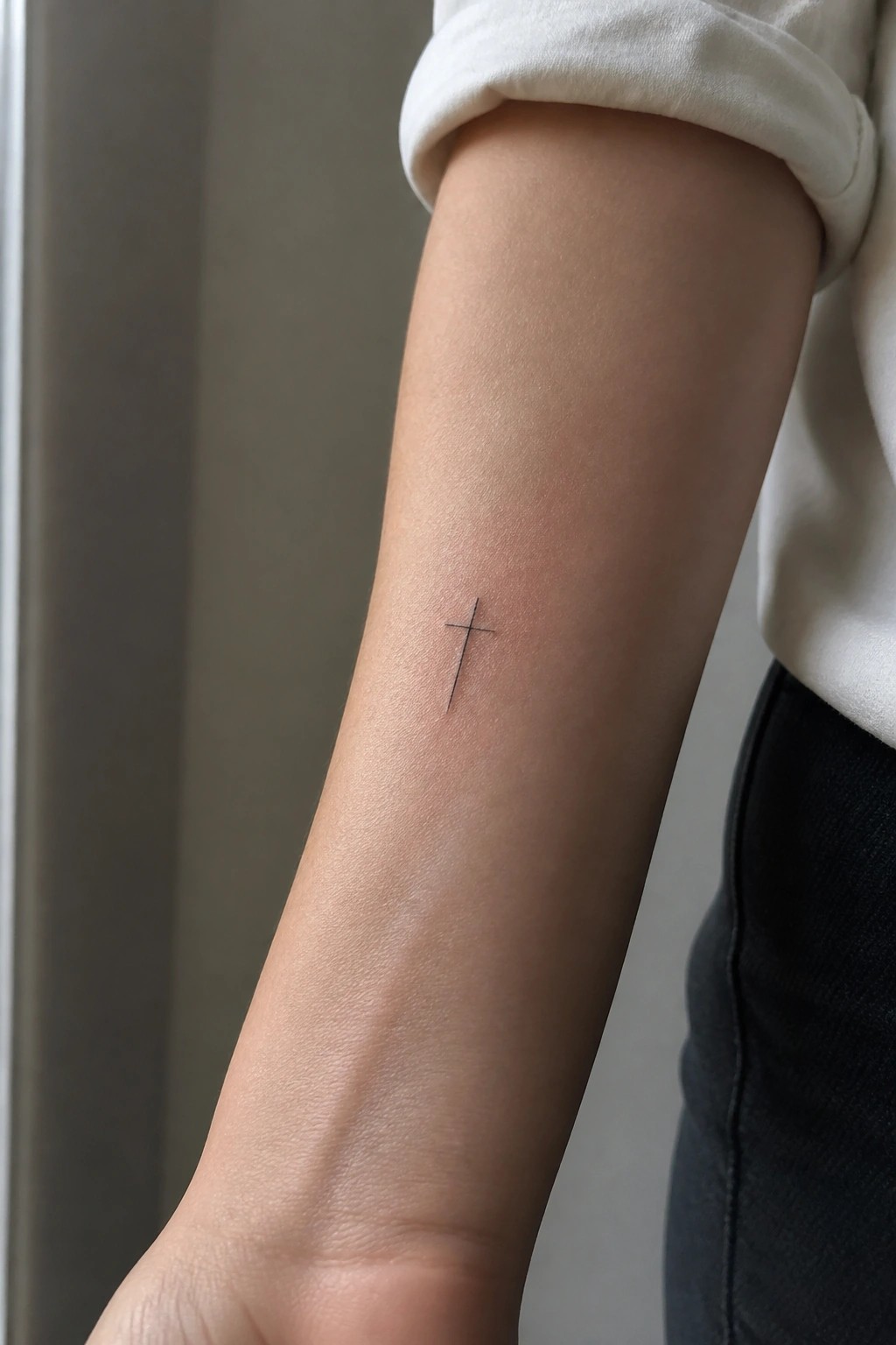 Small black cross tattoo on forearm below rolled white shirt sleeve
