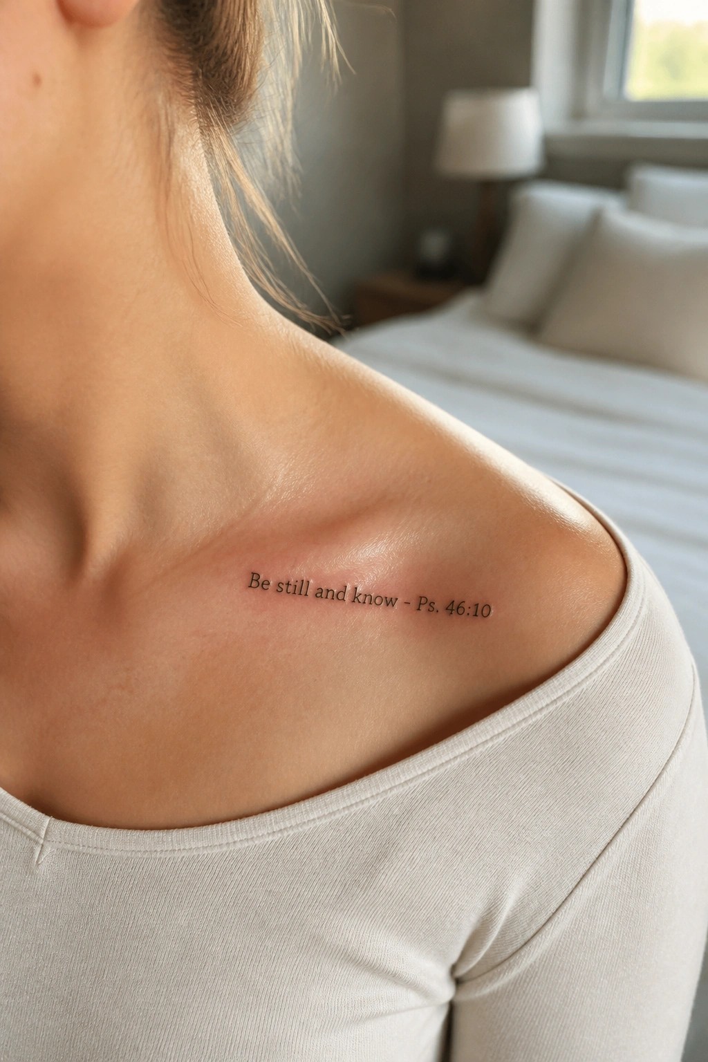 Beige off-shoulder top reveals shoulder tattoo