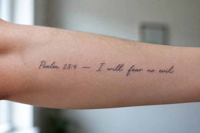 23 Powerful Scripture Tattoo Ideas Focused on Meaningful Biblical Passages Forearm with black cursive tattoo reading Psalm 23:4 — I will fear no evil