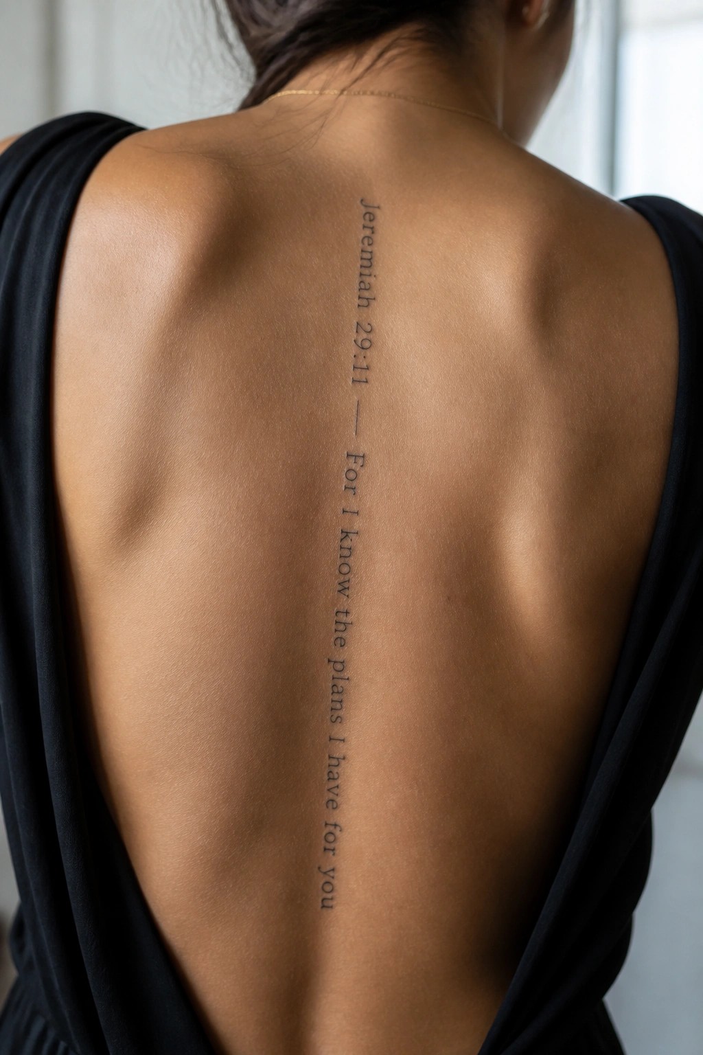 Vertical tattoo of Jeremiah 29:11 scripture verse running down a woman's upper back in simple black lettering.