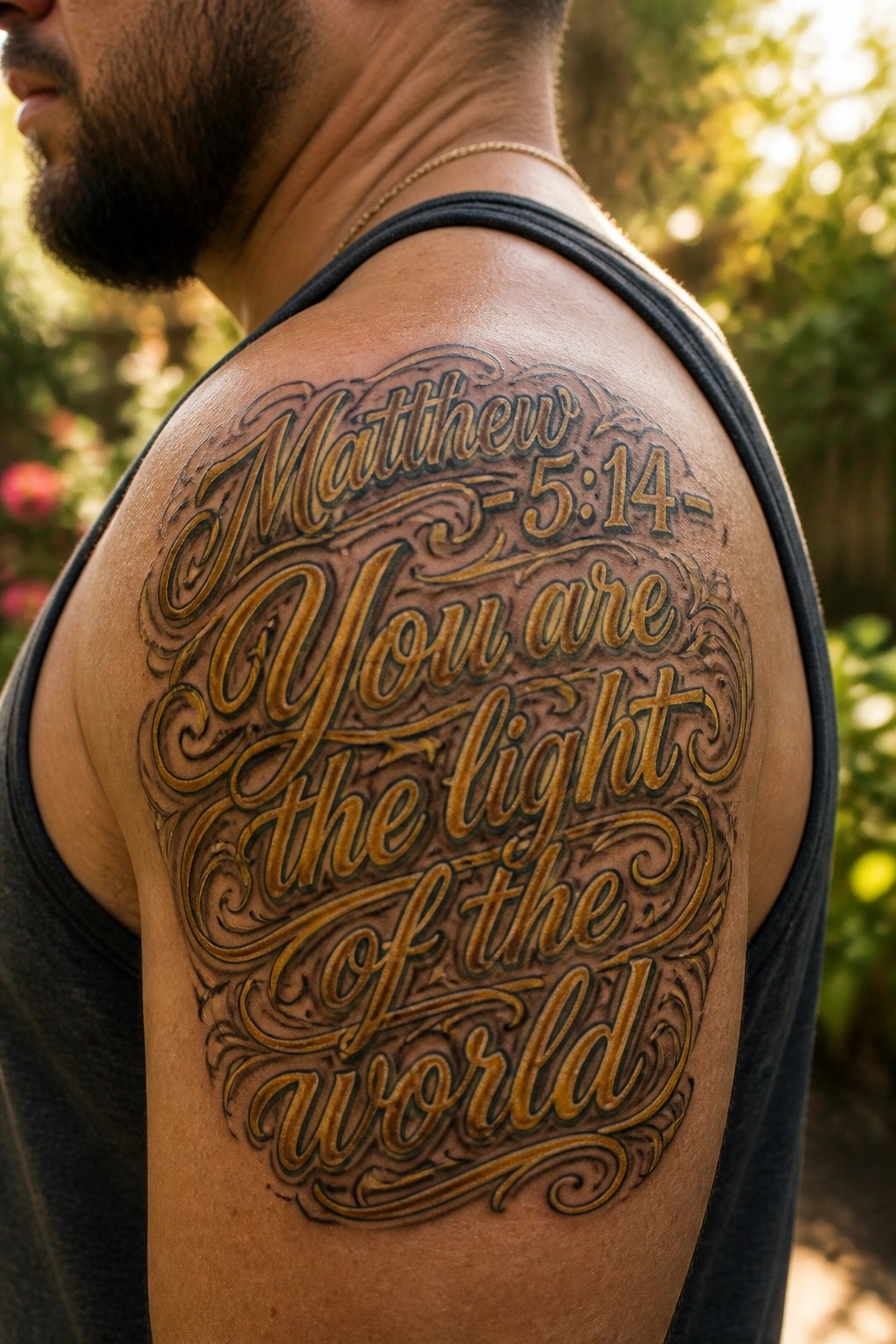 A close up of a man's shoulder showing a large Bible verse tattoo in ornate gold cursive script that reads Matthew 5:14 You are the light of the world.