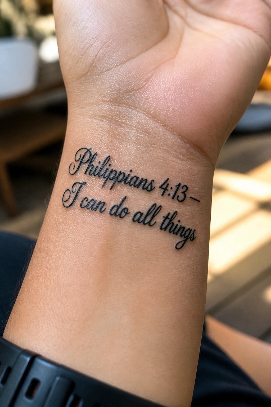 Wrist tattoo in black cursive script reading Philippians 4:13 – I can do all things