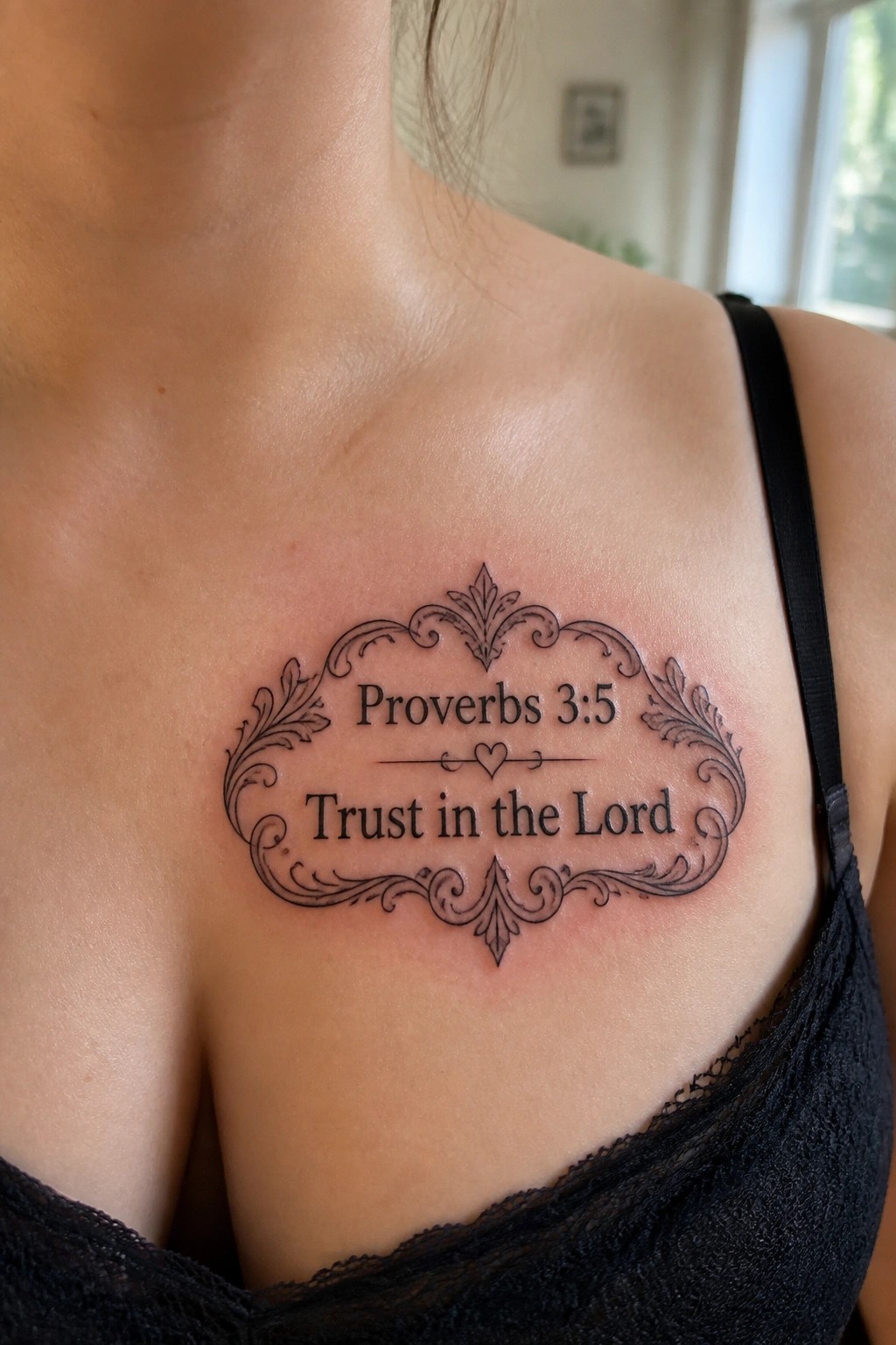 Ornate chest tattoo with Proverbs 3:5 and