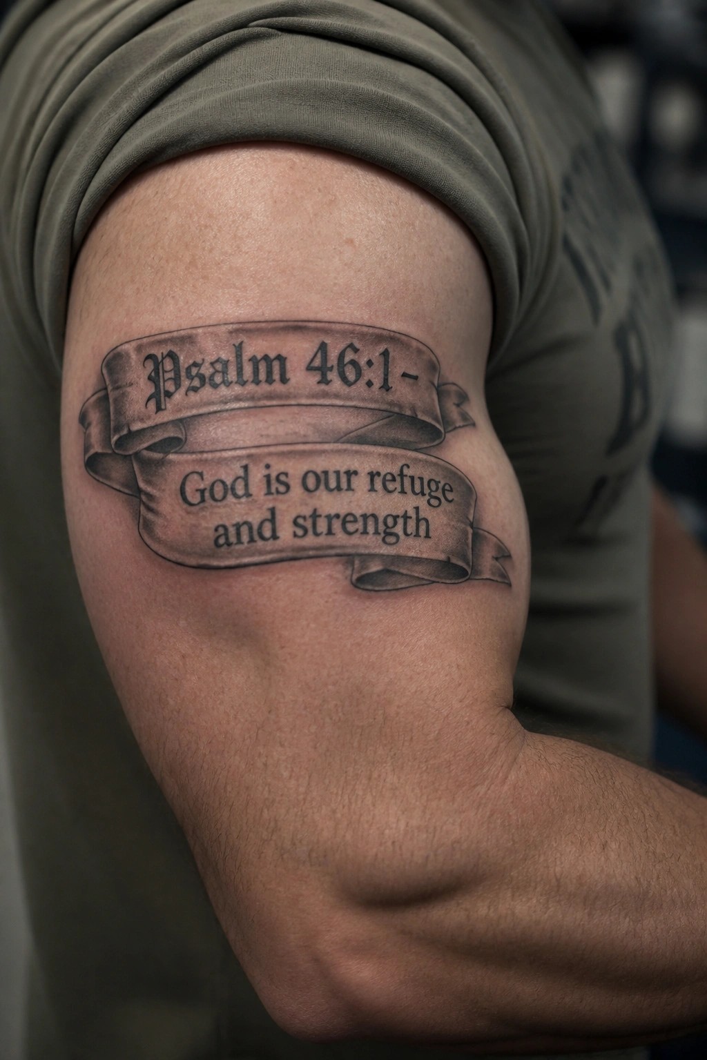 Realistic banner tattoo on the upper arm with Psalm 46:1 text reading God is our refuge and strength