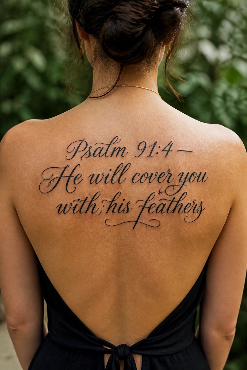 Upper back tattoo showing Psalm 91:4 in cursive script across the shoulder blades