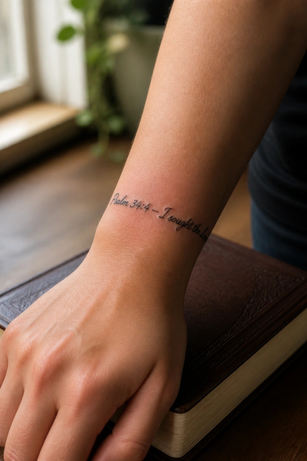 Forearm with Psalm 34:4 tattoo resting on brown leather-bound book