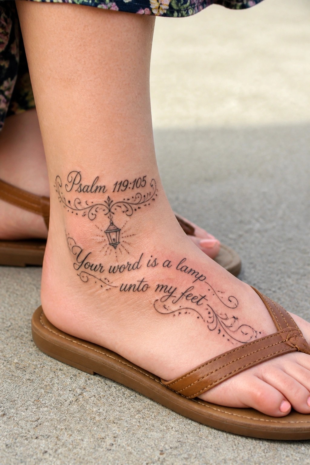 Psalm 119:105 tattoo with lantern on ankle above brown flip-flop sandal