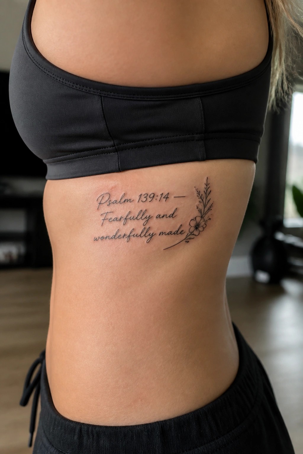 Fine line psalm 139:14 tattoo with a small flower on the side of the torso