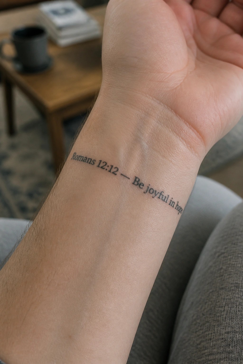 Wrist tattoo in black ink reading Romans 12:12 — Be joyful in hope