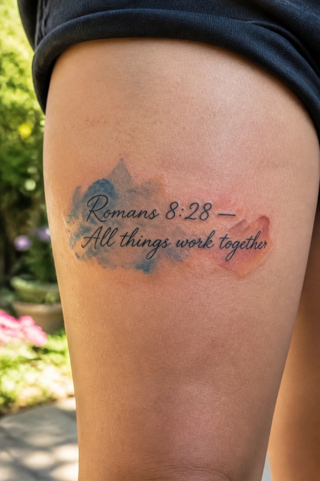 Thigh tattoo with Romans 8:28 text over blue and red watercolor splashes