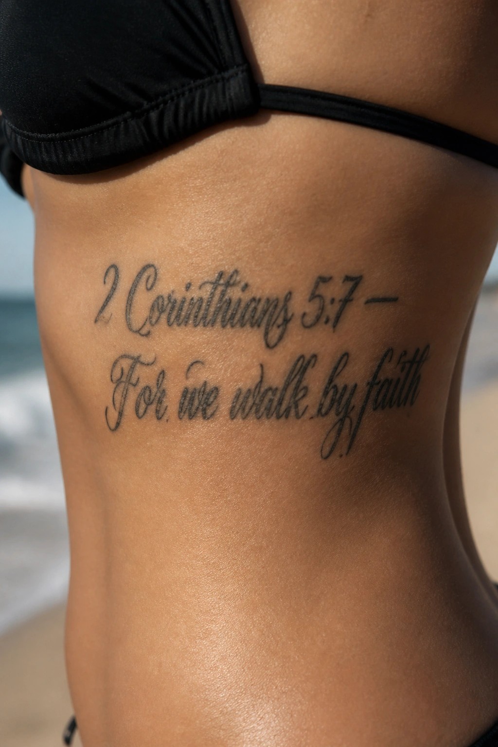 Cursive tattoo on tanned ribs reading