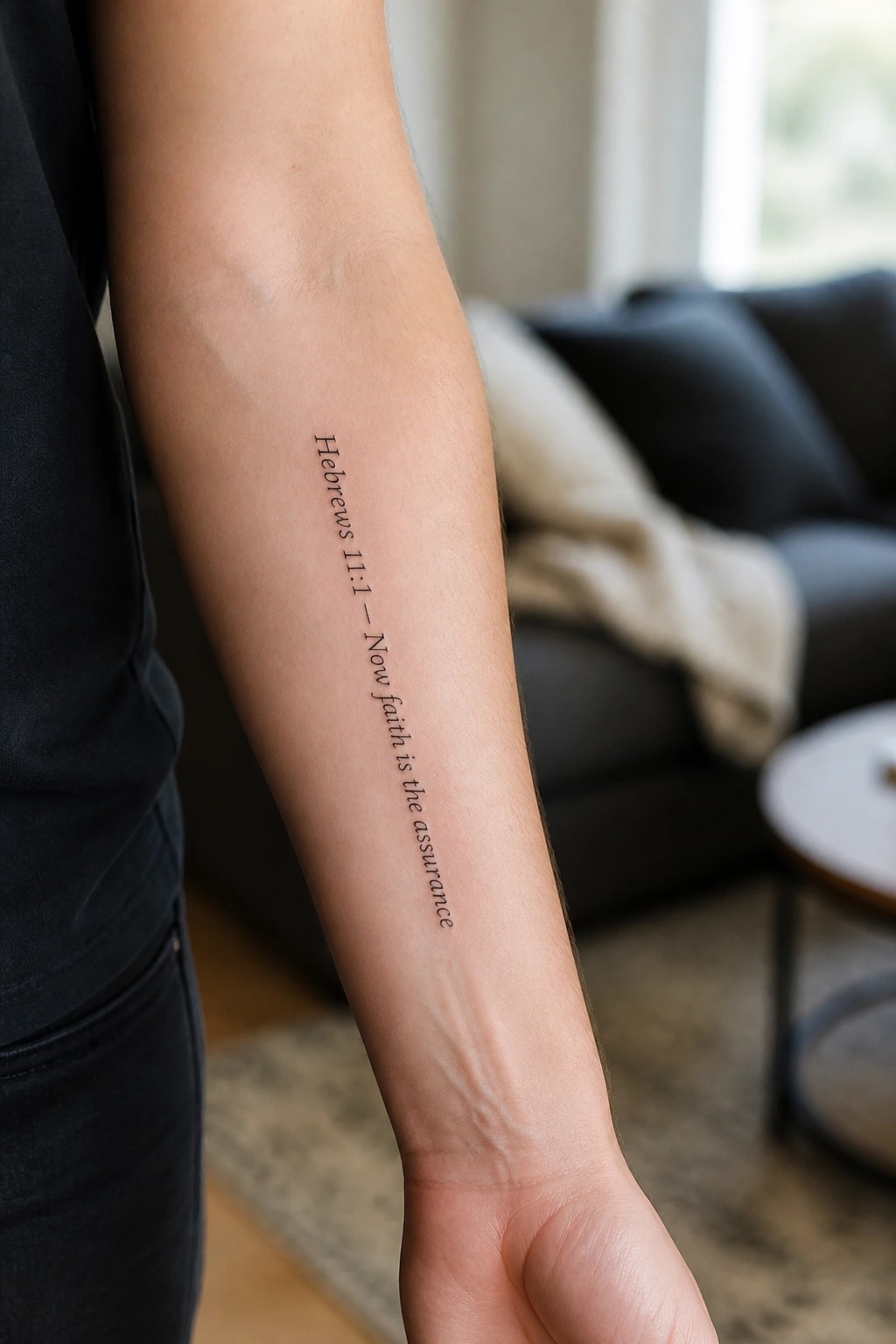 Minimalist vertical tattoo of Hebrews 11:1 on the inner forearm in clean black text