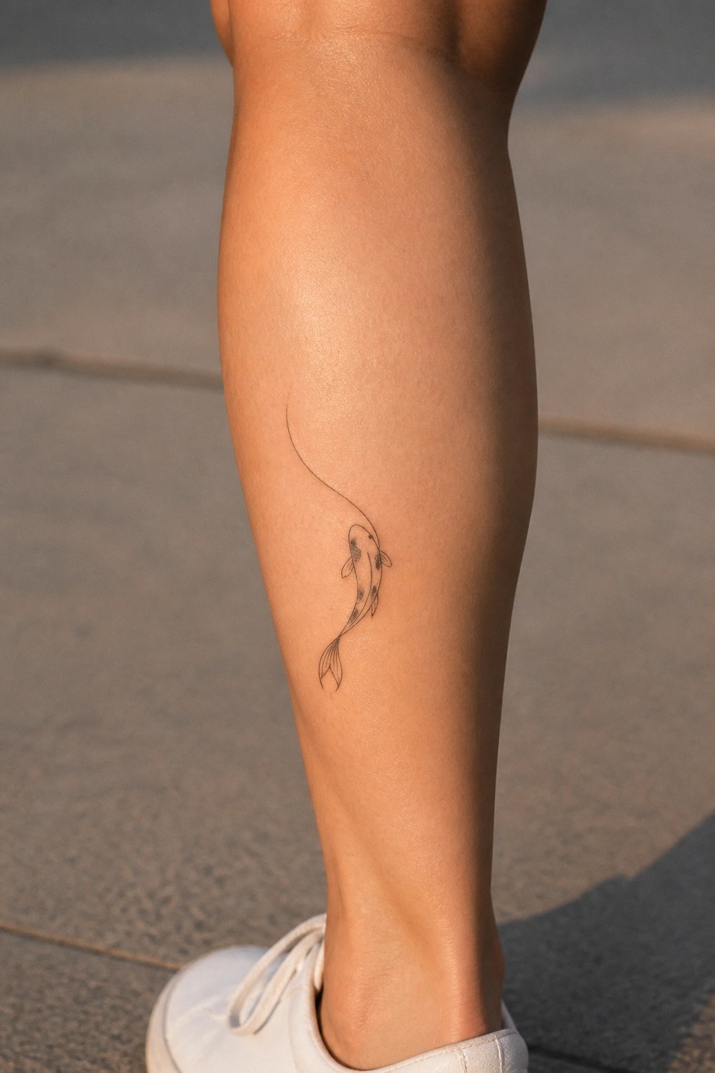 Koi fish tattoo on lower leg above white sneaker on pavement