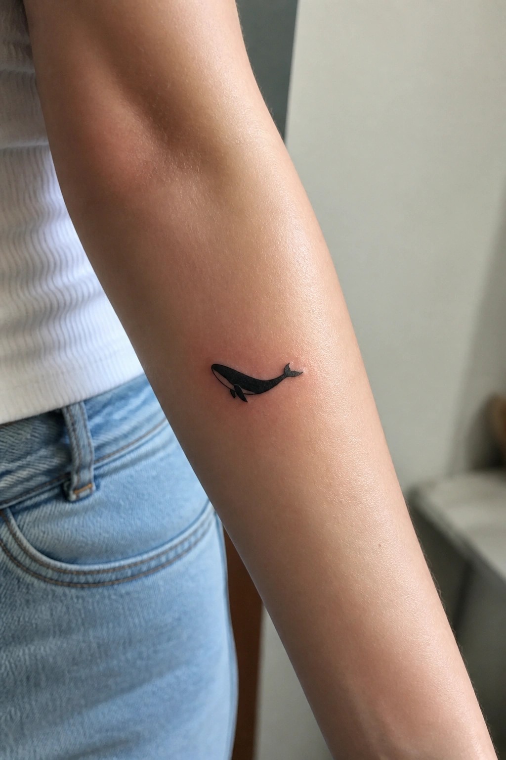 Minimal black ink whale tattoo on the inner forearm