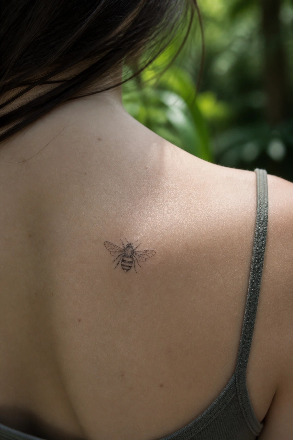 Small black ink bee tattoo on upper back near the shoulder blade.