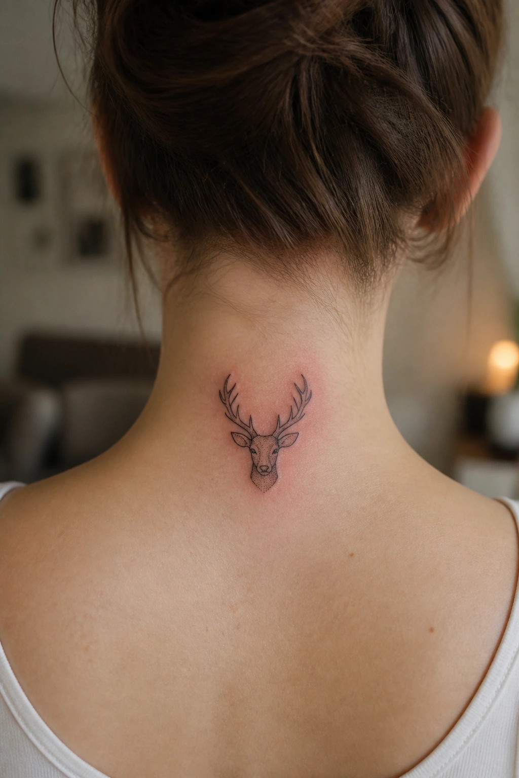 Woman's neck with deer head tattoo, brown hair in bun, white top