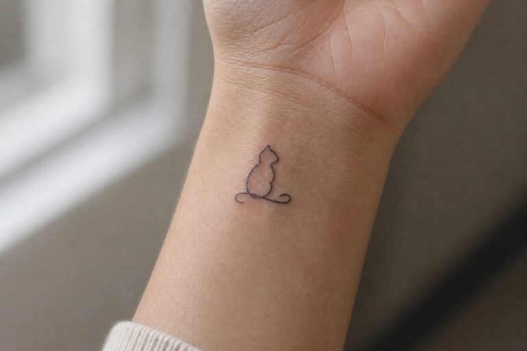 Minimal black line tattoo of a sitting cat with a long tail on the inner wrist