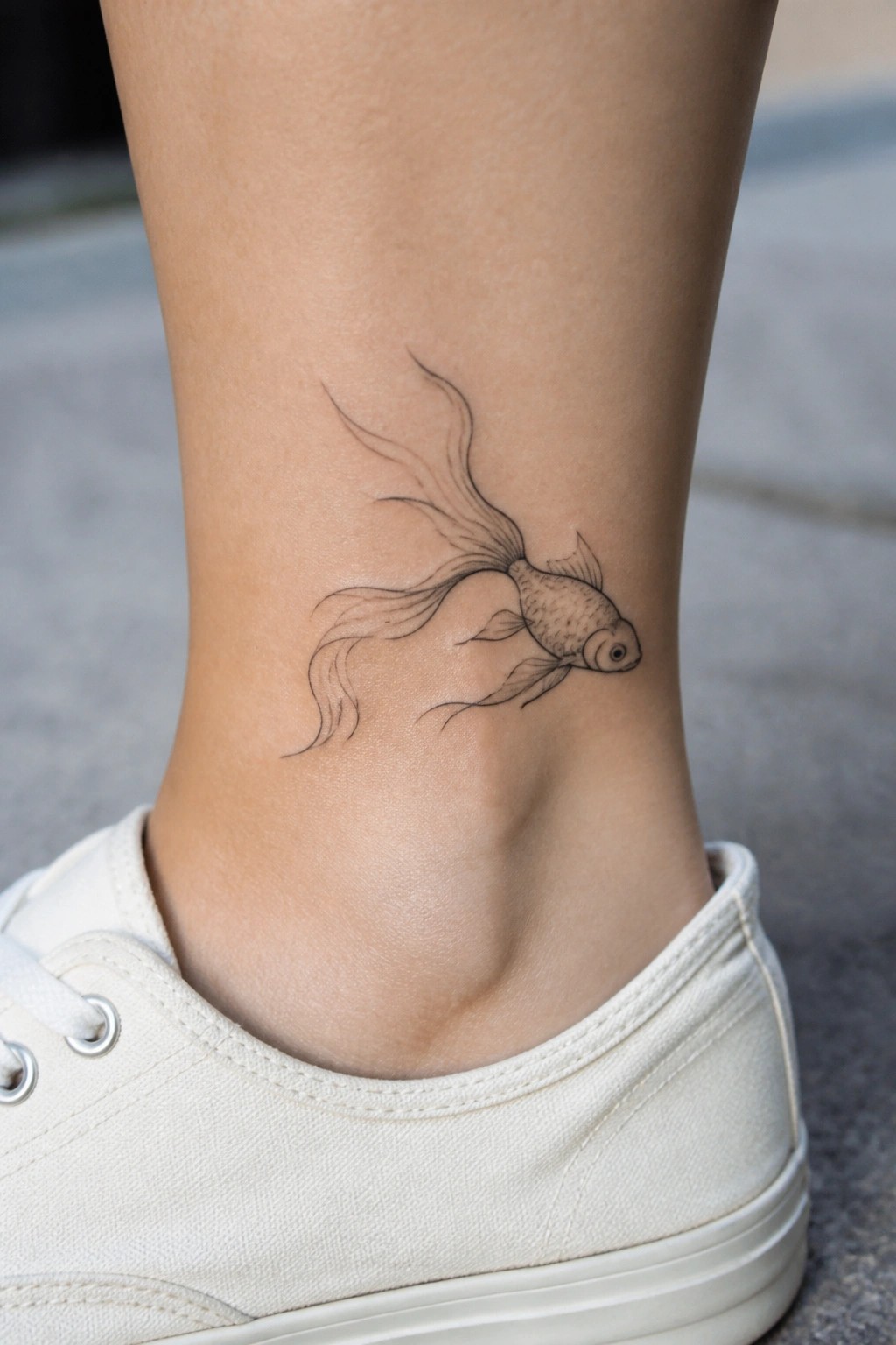Minimal black ink goldfish tattoo on the ankle above a white sneaker