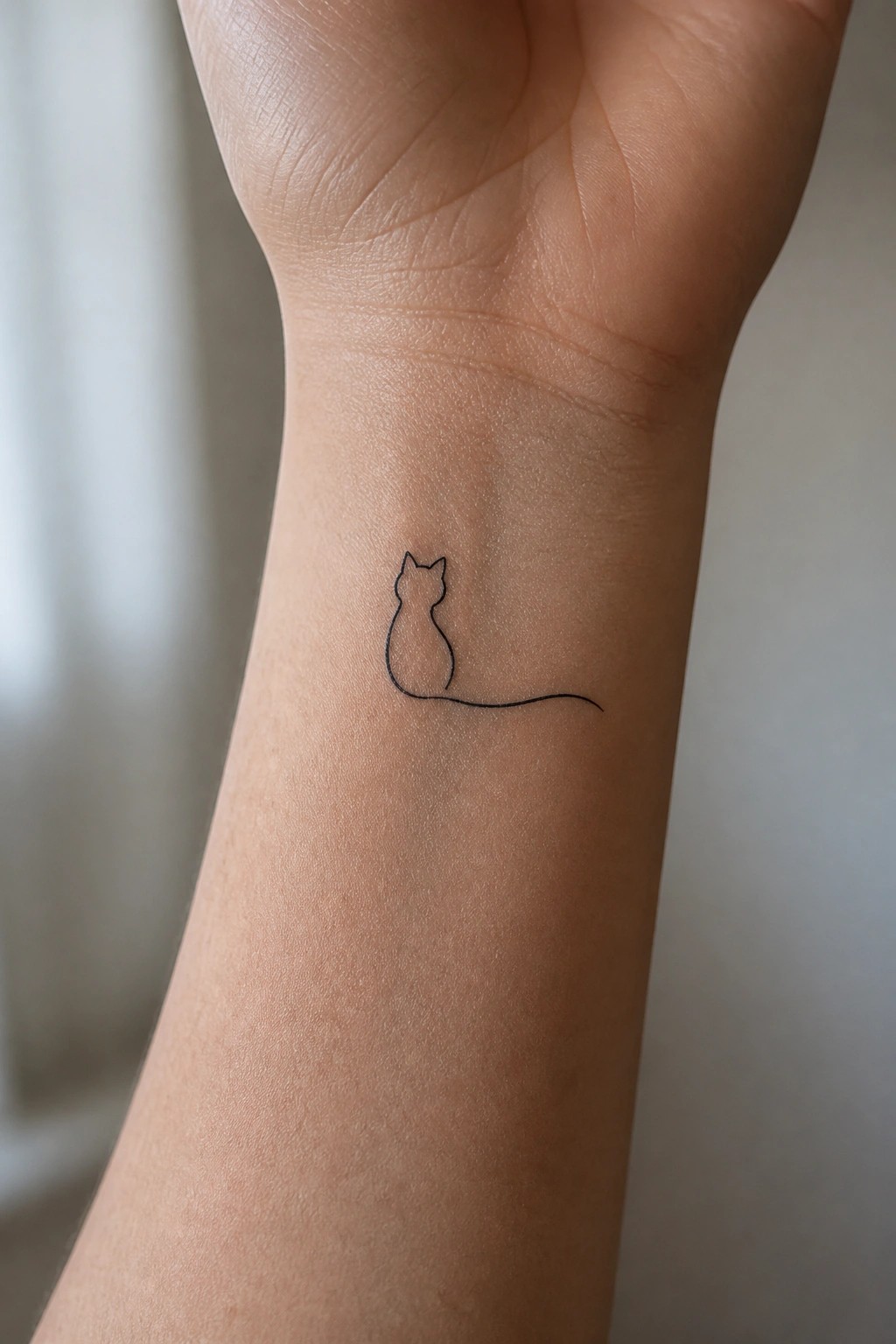 Minimal black line tattoo of a sitting cat with a long tail on the inner wrist