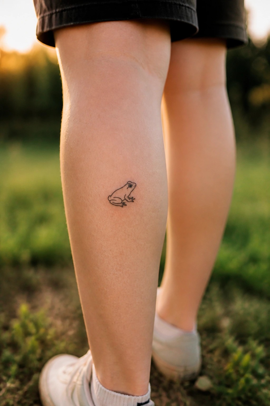 Small black ink outline of a frog tattooed on the shin of a leg outdoors at sunset.