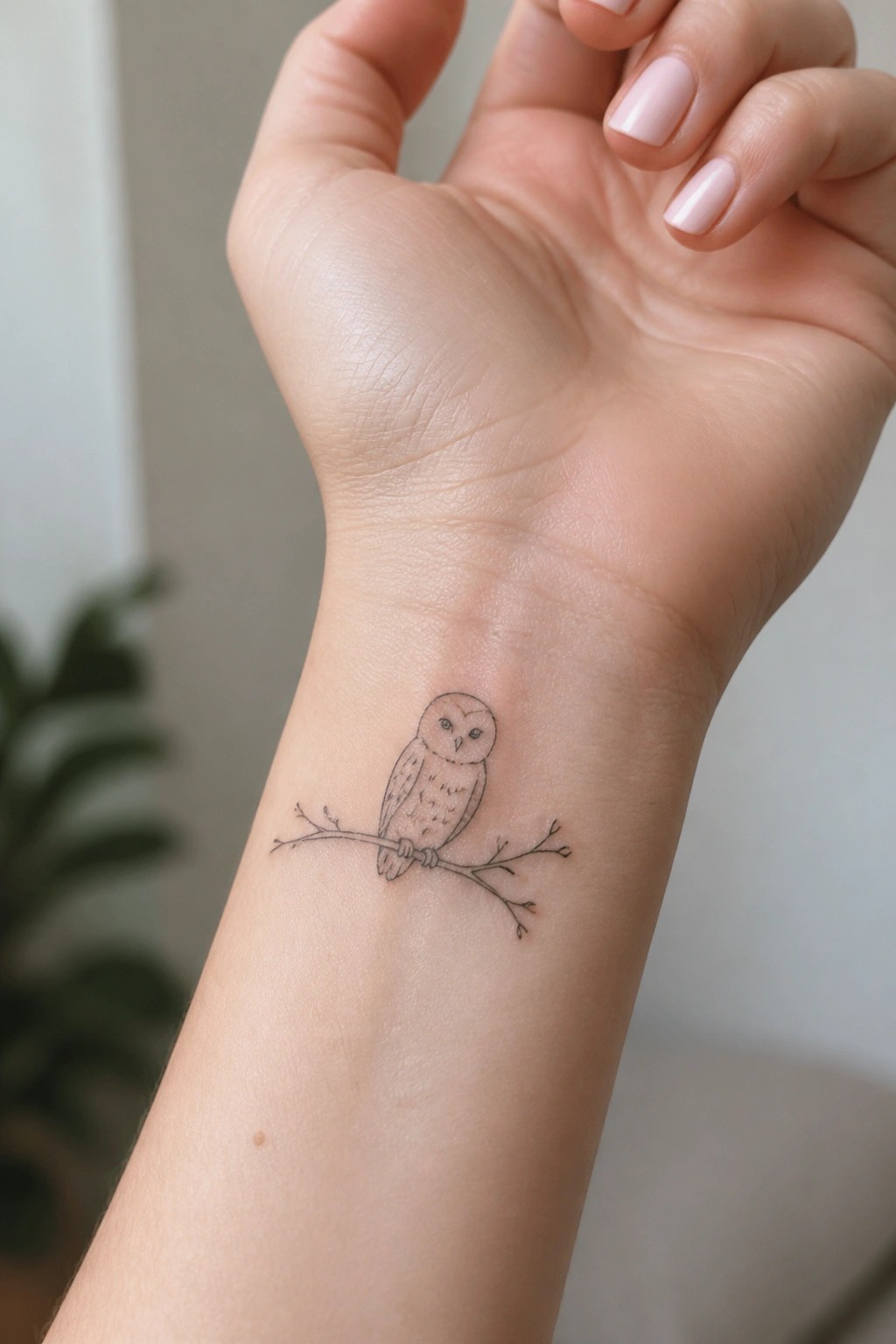 Minimal black ink tattoo of a small owl perched on a branch on the inner wrist