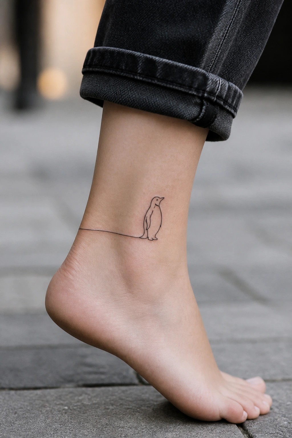 Bare ankle with minimalist penguin tattoo, black rolled-up jeans on pavement