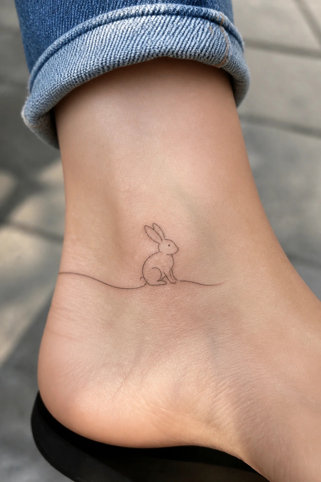 Minimalist black line tattoo of a sitting rabbit on the ankle with a thin horizontal line running beneath it.