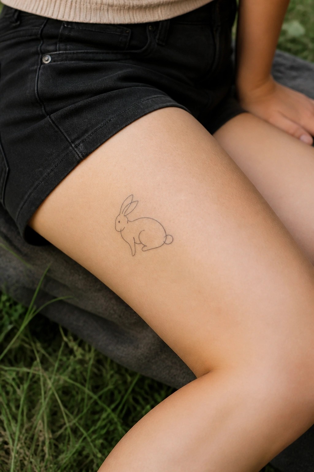 Minimalist line-art bunny tattoo on thigh, black denim shorts, beige top, sitting outdoors.