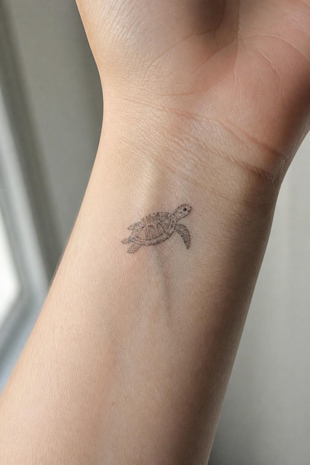 Small black sea turtle tattoo on light-skinned inner wrist