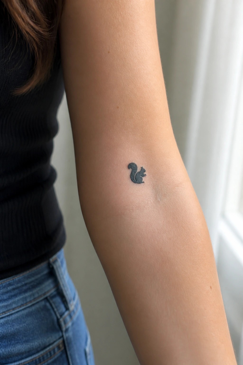 Small black ink squirrel tattoo on upper arm in minimal style