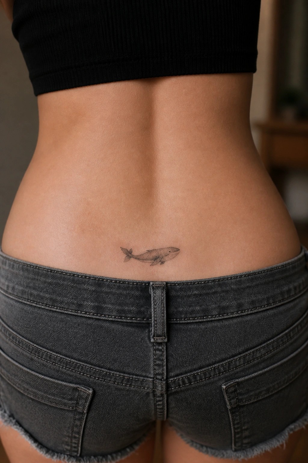 Minimal black ink whale tattoo on the lower back above gray denim shorts